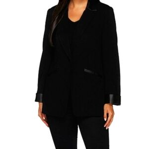 Susan Graver Ponte Long Blazer with Faux Leather Trim Black Size 6 NWOT Party